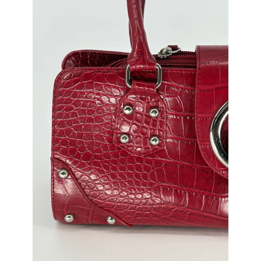 Vintage Red Faux Crocodile Shoulder Bag Baguette Purse Satchel Studded 90s Y2K
